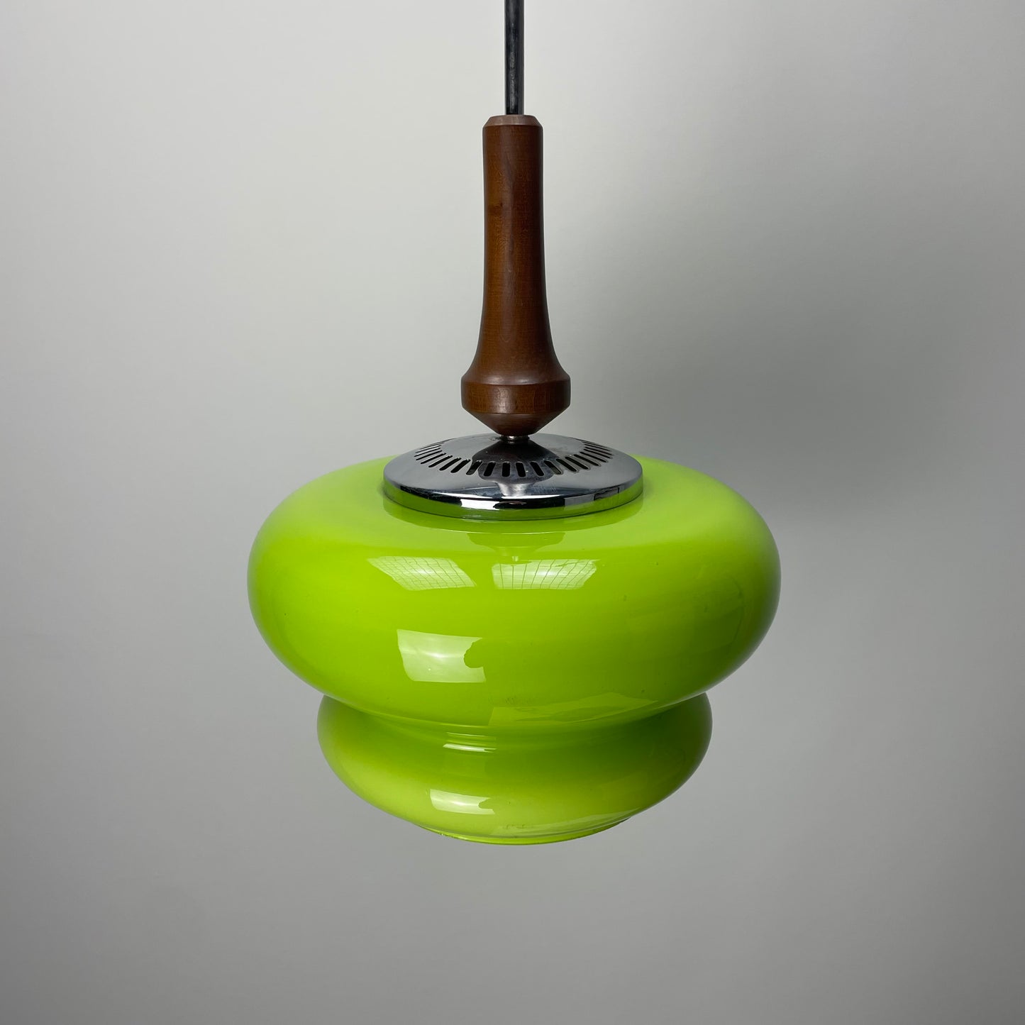 Opaline green glass and wooden pendant lamp 1960