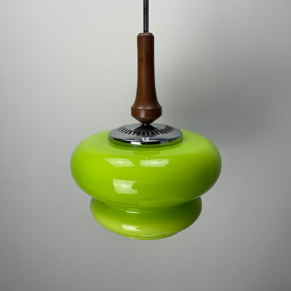 Opaline green glass and wooden pendant lamp 1960