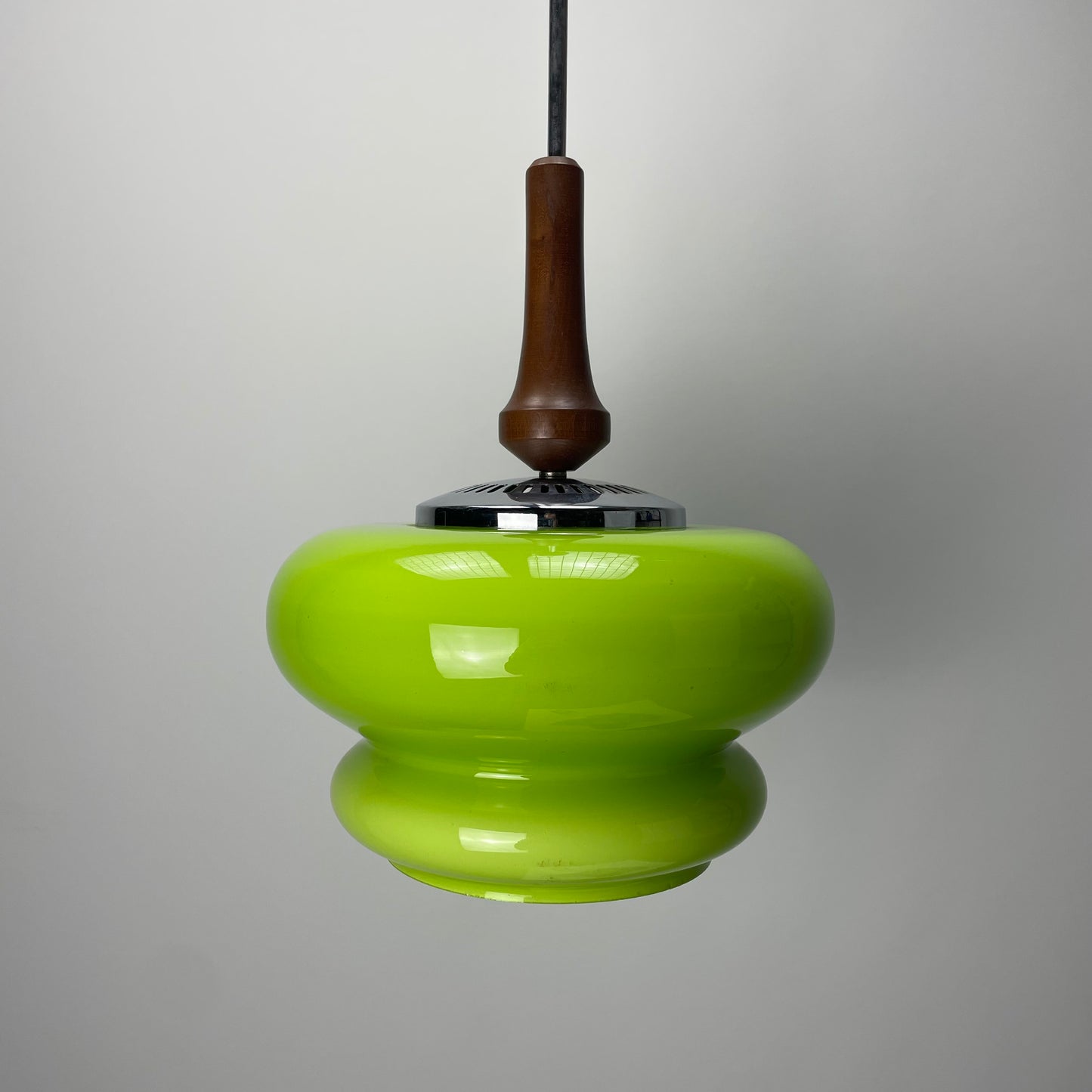 Opaline green glass and wooden pendant lamp 1960