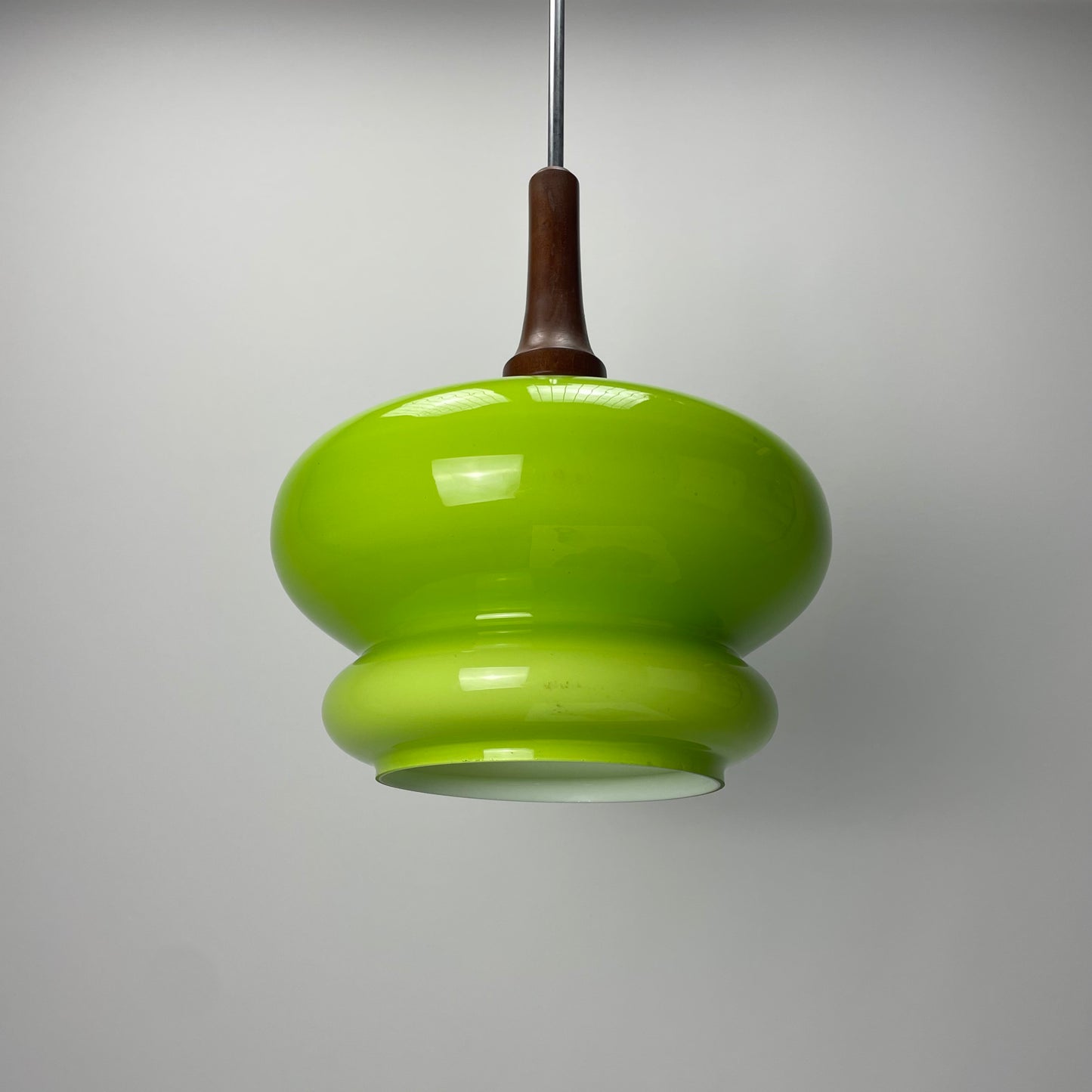 Opaline green glass and wooden pendant lamp 1960