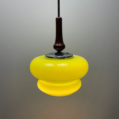 Opaline green glass and wooden pendant lamp 1960