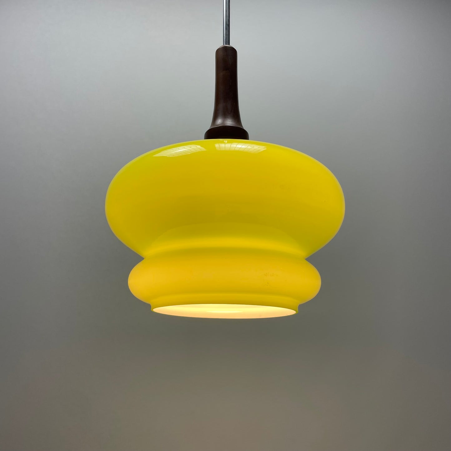 Opaline green glass and wooden pendant lamp 1960