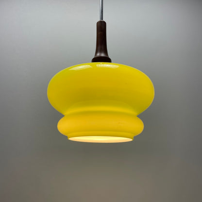 Opaline green glass and wooden pendant lamp 1960