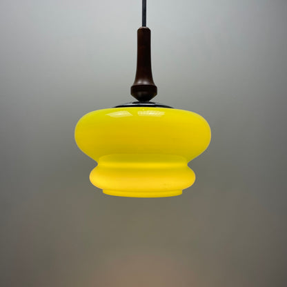 Opaline green glass and wooden pendant lamp 1960