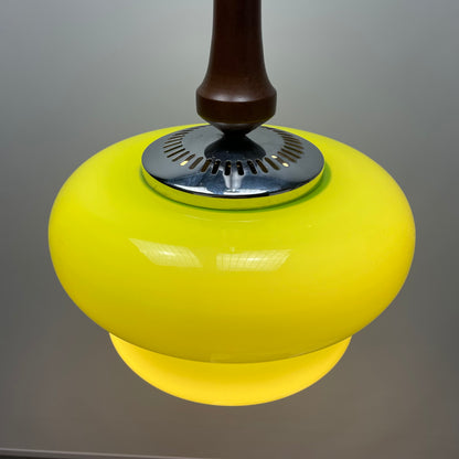 Opaline green glass and wooden pendant lamp 1960