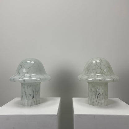 Pair of white cloudy glass mushroom table lamps by Glas Eckert 1970