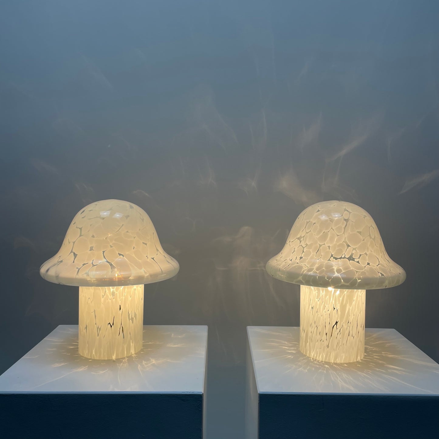 Pair of white cloudy glass mushroom table lamps by Glas Eckert 1970