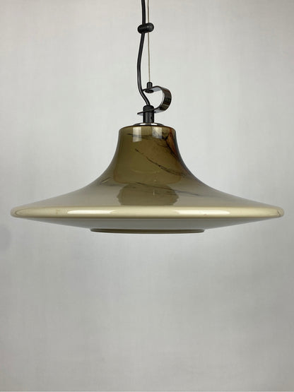 1 of 2 Large Brown glass UFO 'Cirrus' by Peill and Putzler pendant light XL 1970