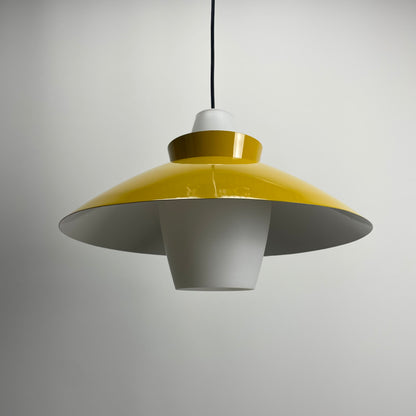 Yellow UFO shaped glass and metal pendant lamp 1960