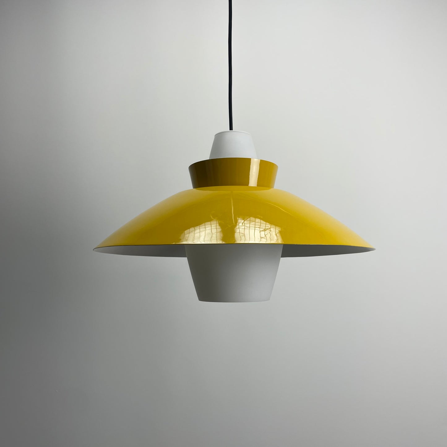 Yellow UFO shaped glass and metal pendant lamp 1960