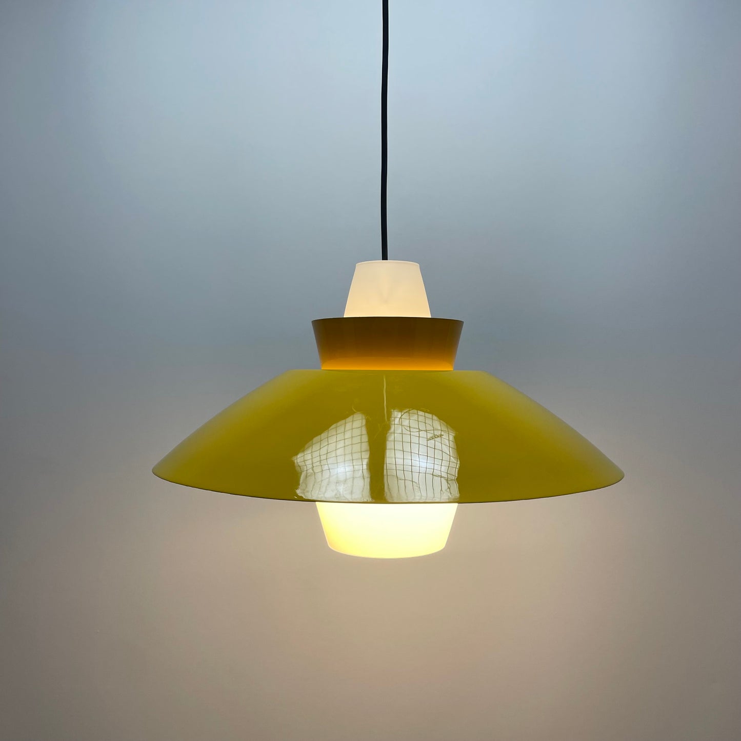 Yellow UFO shaped glass and metal pendant lamp 1960