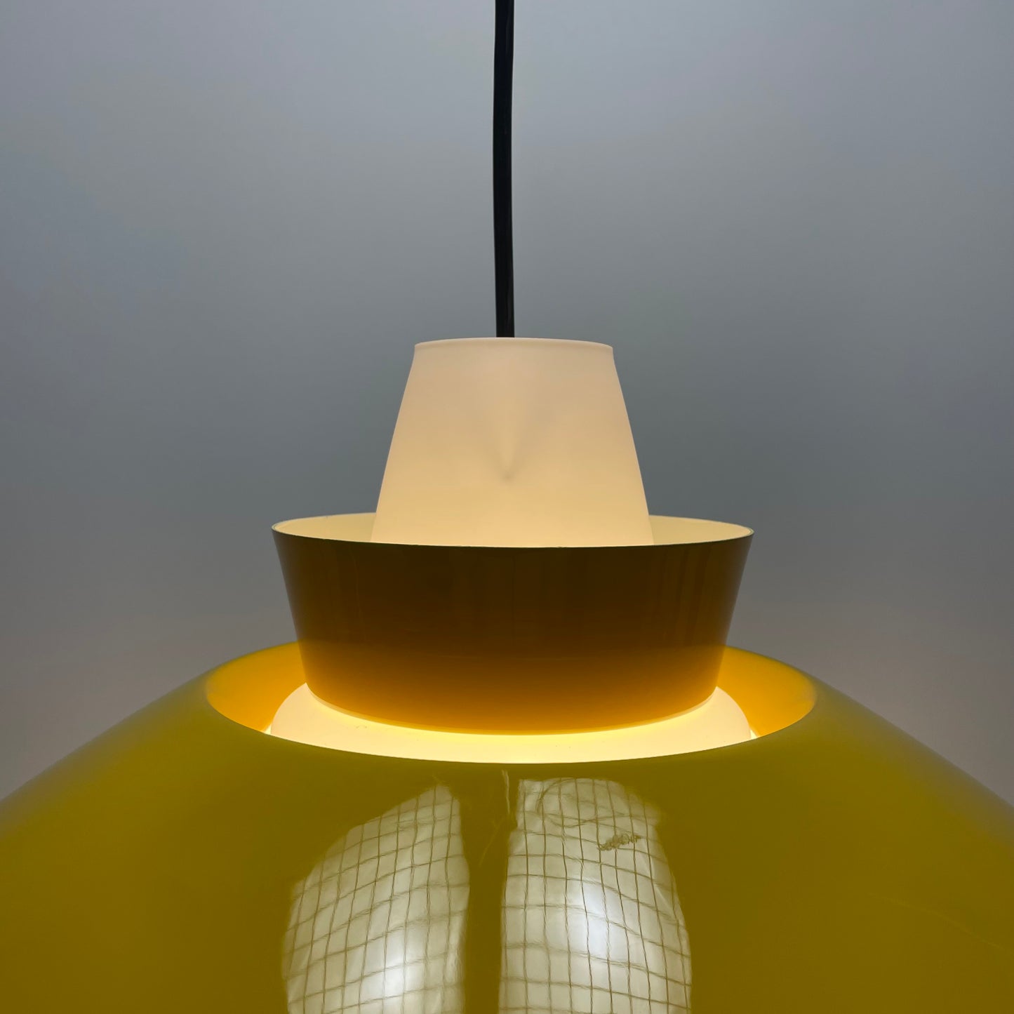 Yellow UFO shaped glass and metal pendant lamp 1960