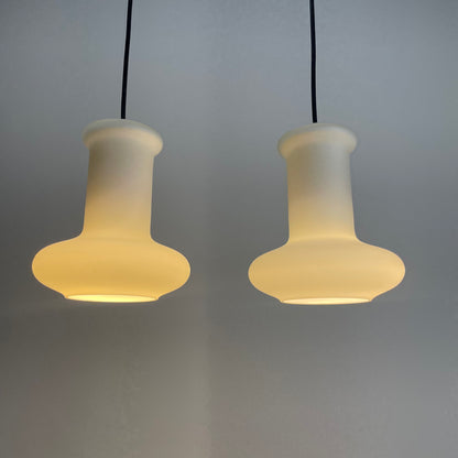 Pair of frosted glass pendant lamps by Lyskær Belysning 1970