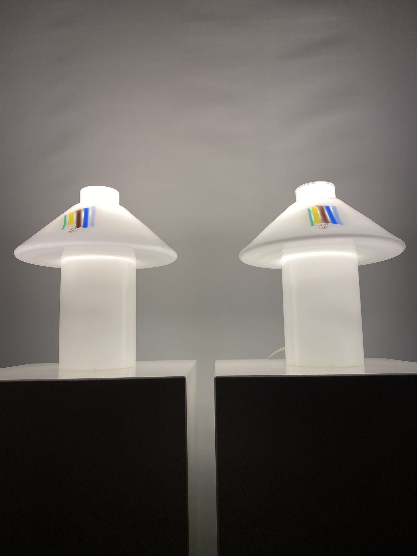 Pair of white glass Peill and Putzler mushroom table lamps 1980