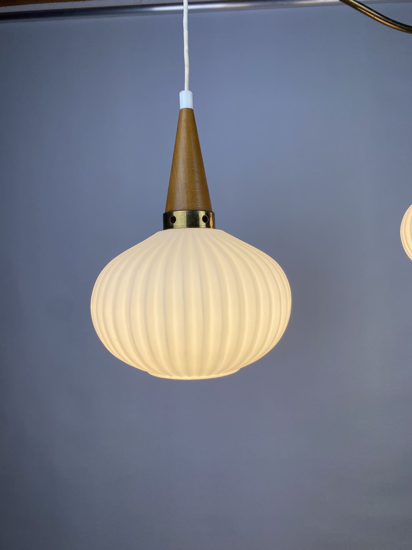 A pair of White opal frosted glass pendants light with wooden details by Massive 1970