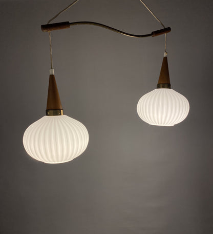 A pair of White opal frosted glass pendants light with wooden details by Massive 1970