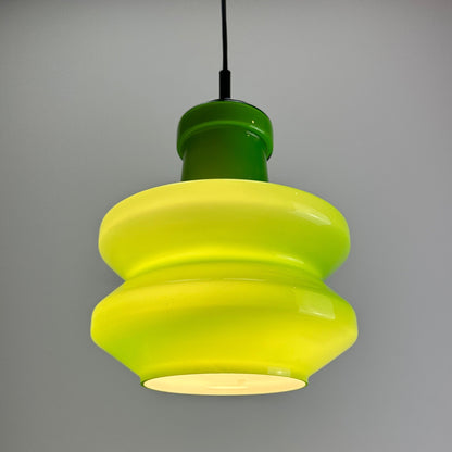 Rare green glass pendant light, Peill and Putzler pendant light, 1960s glass lighting, mid-century modern pendant light, retro green glass light, vintage pendant light 1960, Peill and Putzler lighting, green glass retro pendant, 1960s mid-century pendant light, vintage glass ceiling light.