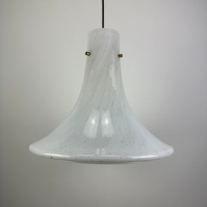 Trumpet shaped cloudy glass pendant lamp by Glashütte Limburg 1970