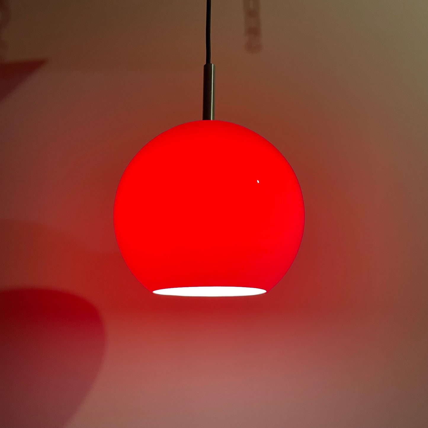 Red opaline glass globe pendant light from Peill & Putzler 1960