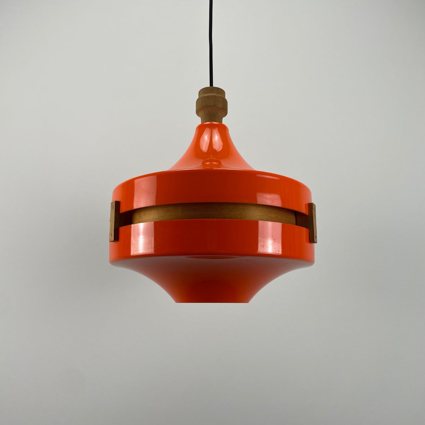 Scandinavian UFO shaped orange plexiglass pendant light 1970