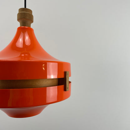 Scandinavian UFO shaped orange plexiglass pendant light 1970