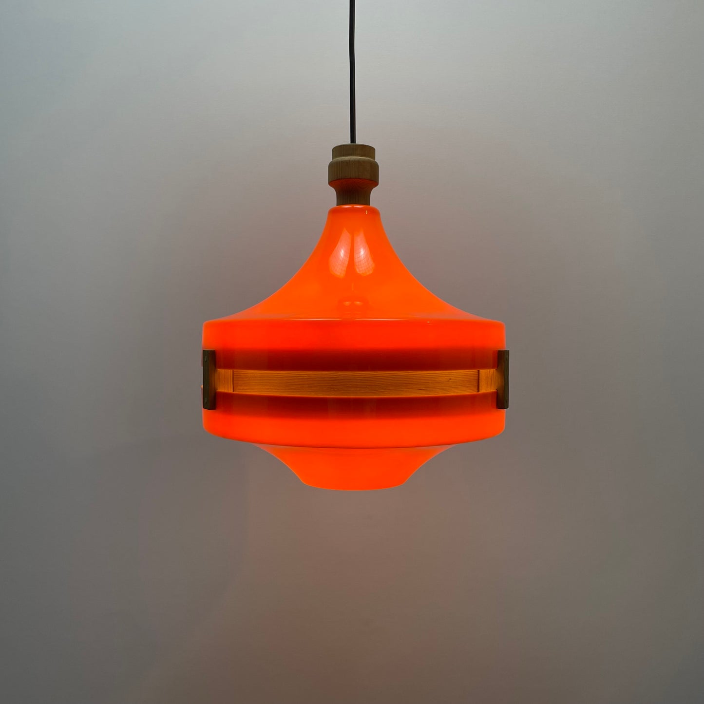 Scandinavian UFO shaped orange plexiglass pendant light 1970