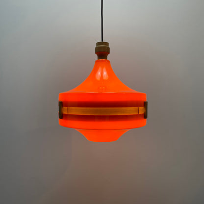 Scandinavian UFO shaped orange plexiglass pendant light 1970