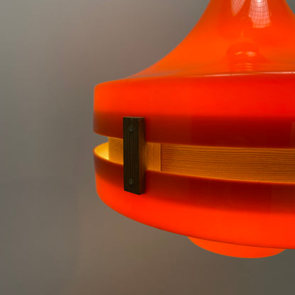 Scandinavian UFO shaped orange plexiglass pendant light 1970