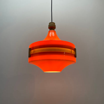 Scandinavian UFO shaped orange plexiglass pendant light 1970