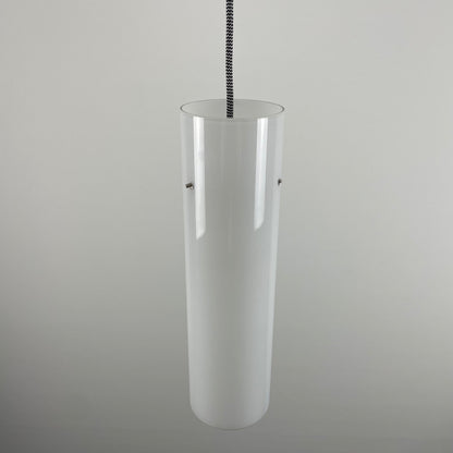 White glass cilinder shaped pendant light by Glashütte Limburg, 1970