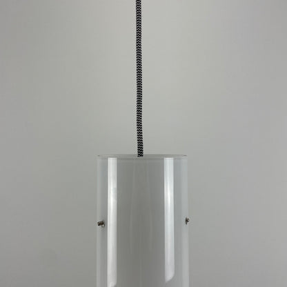 White glass cilinder shaped pendant light by Glashütte Limburg, 1970