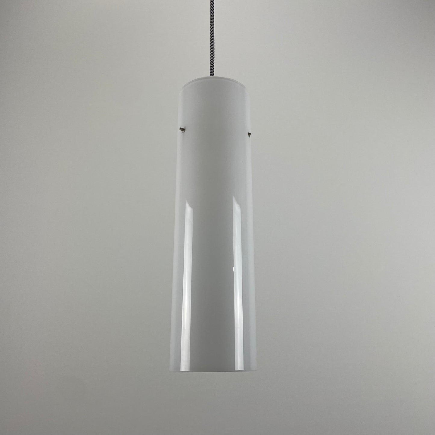 White glass cilinder shaped pendant light by Glashütte Limburg, 1970