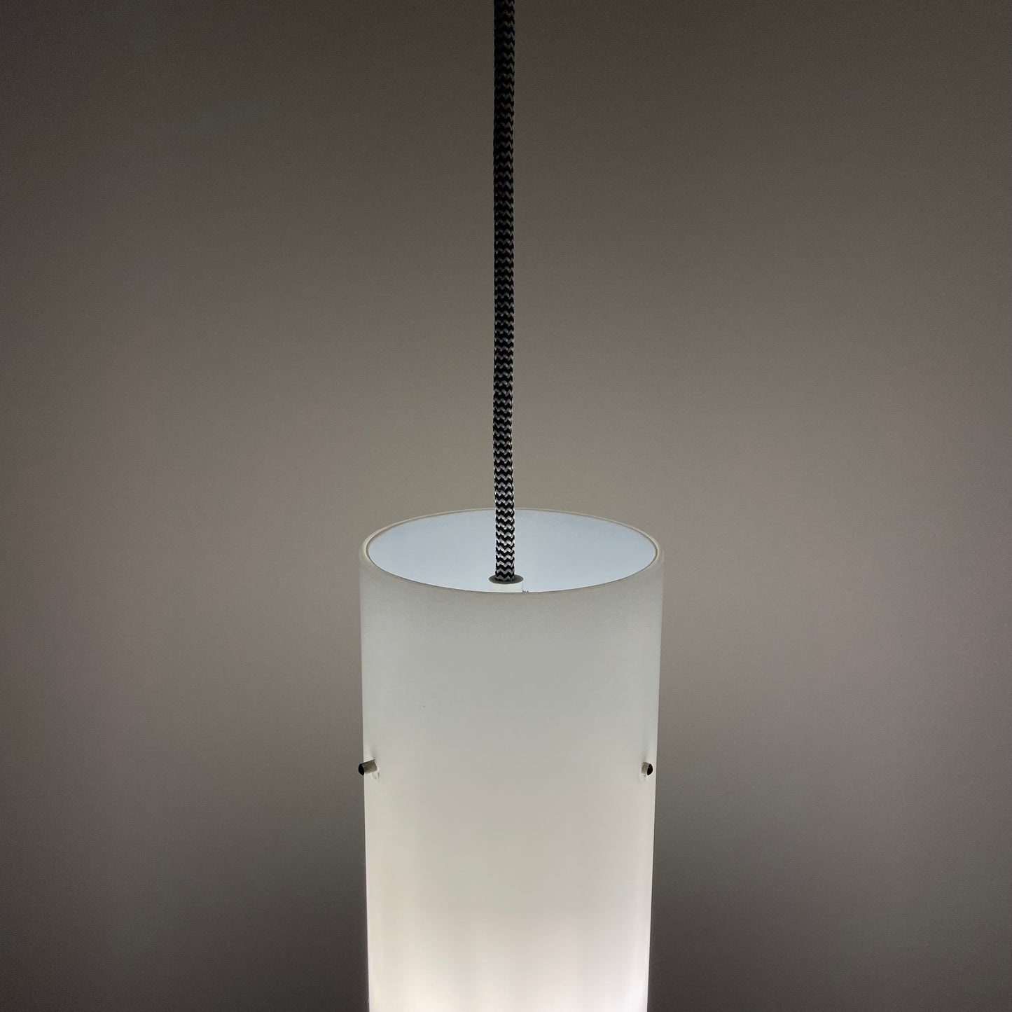 White glass cilinder shaped pendant light by Glashütte Limburg, 1970