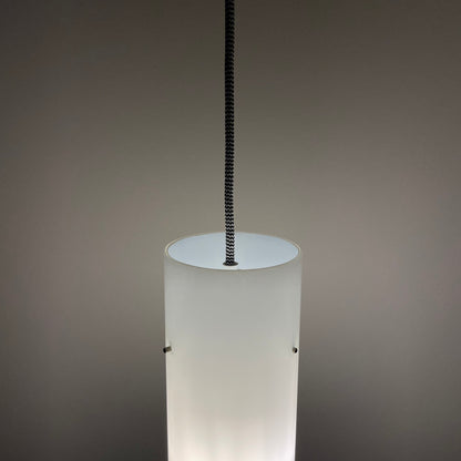 White glass cilinder shaped pendant light by Glashütte Limburg, 1970