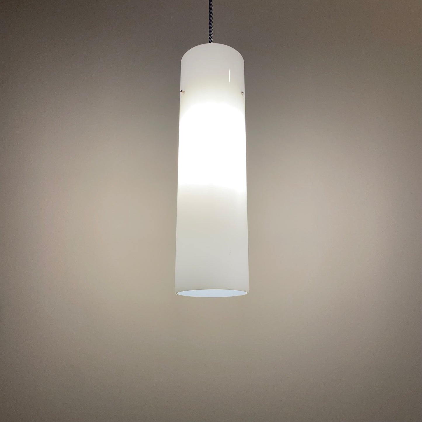 White glass cilinder shaped pendant light by Glashütte Limburg, 1970