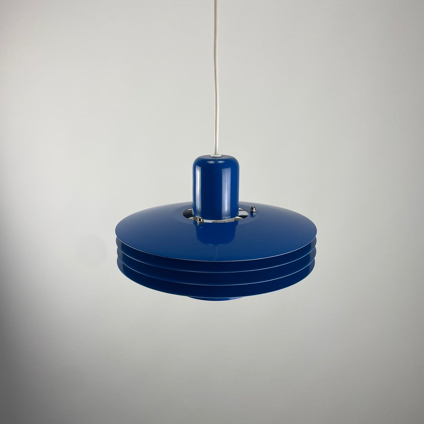 Danish blue UFO pendant lamp by HORN lighting model 763, 1960