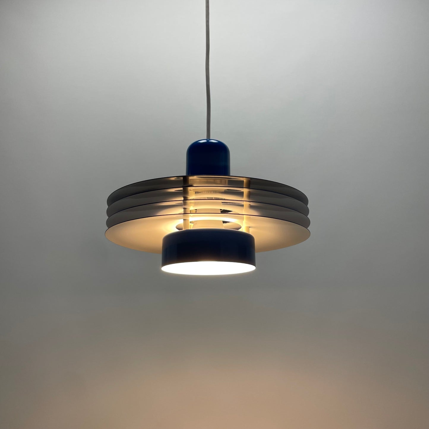 Danish blue UFO pendant lamp by HORN lighting model 763, 1960