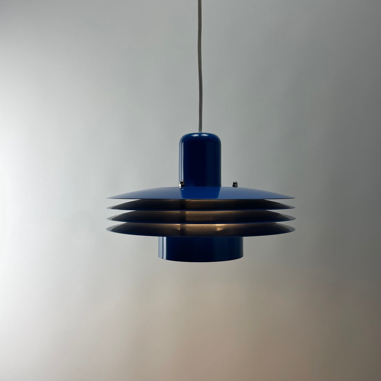 Danish blue UFO pendant lamp by HORN lighting model 763, 1960