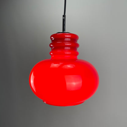 Red opaline glass pendant lamp by Peill and Putzler 1960