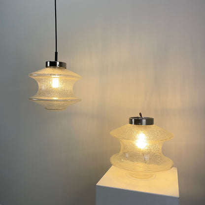 Raak Amsterdam pendant light, MEERPAAL ceiling light, 1960s bubble glass lamp, volcanic glass lighting, chrome holder light, mid-century modern design, vintage Raak lamp, sophisticated lighting, retro ceiling light, Raak lighting set.