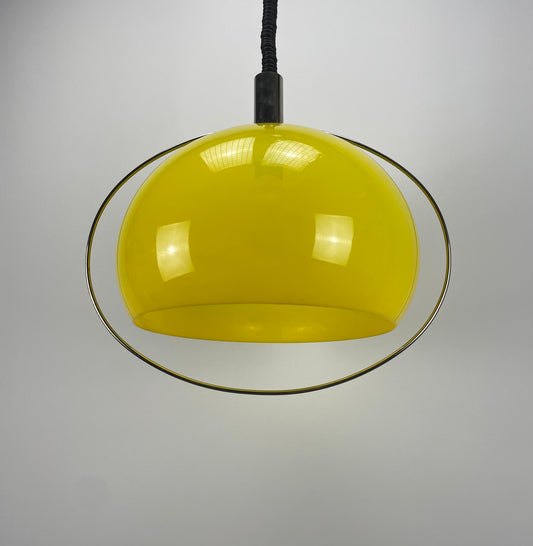  rare plexiglass pendant light, TEMDE lighting, vintage German lamp, neon yellow shade, 1960s design, Space Age lamp, unique pendant light, adjustable height lamp, retro lighting, collectible pendant light.