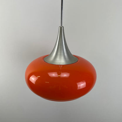 Orange UFO shaped glass pendant light by Doria Leuchten 1970