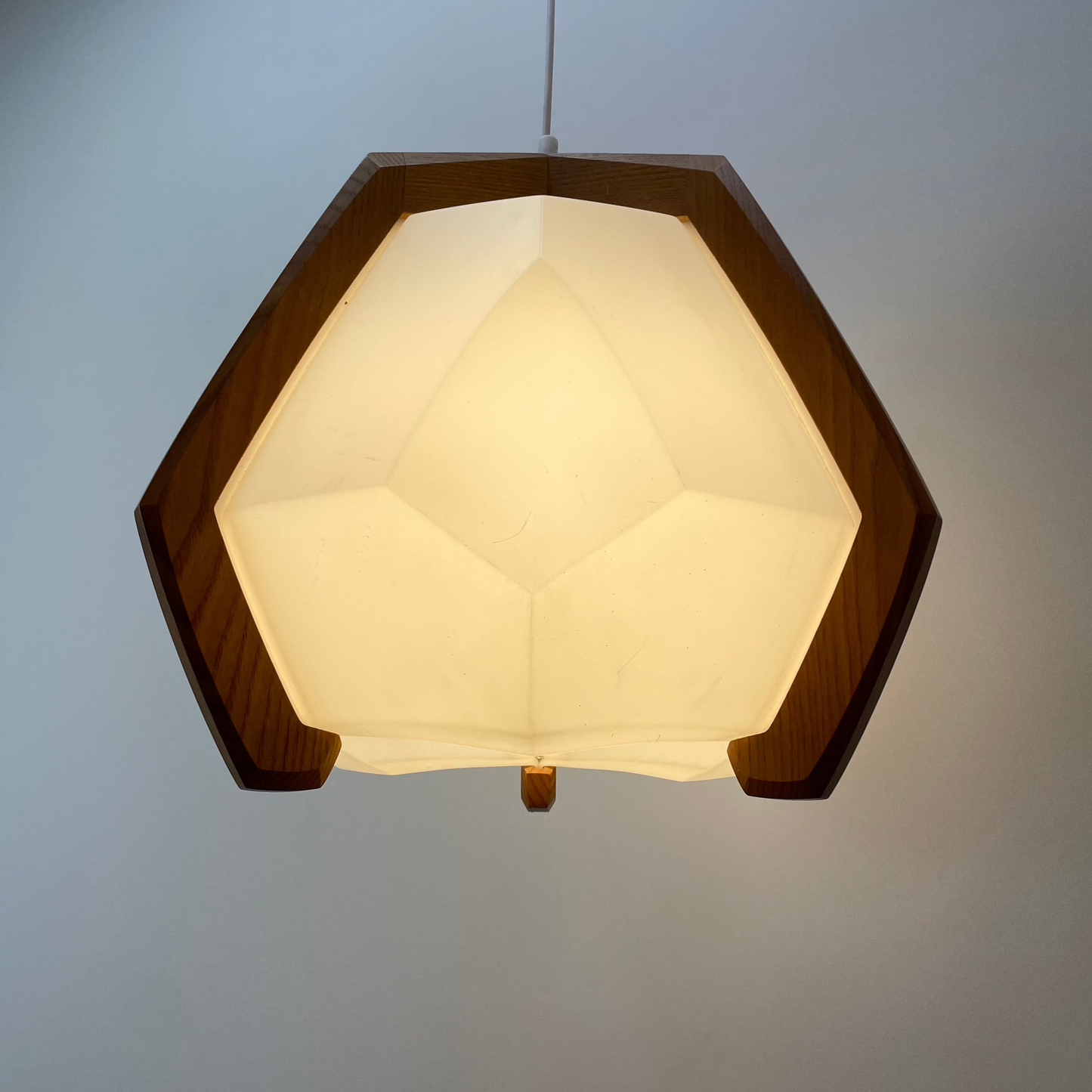 Rudolf Dörfler pendant lamp, ash and plexiglass lamp, Artolux lighting, 1970s anthroposophic design, vintage ceiling light, wooden frame pendant, stylish home decor, original wooden ceiling cap, mid-century modern lighting, collectible vintage lamp