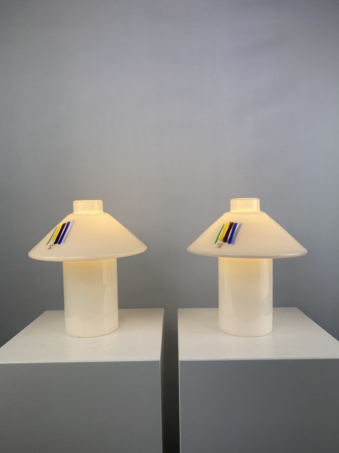 Pair of white glass Peill and Putzler mushroom table lamps 1980