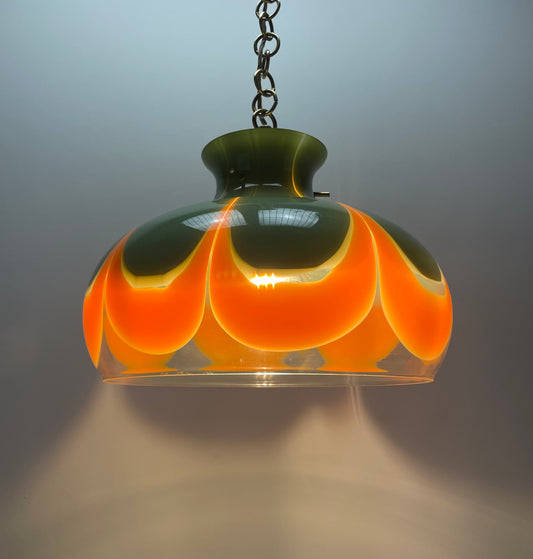 Vintage lamp, Kaiser Leuchten, floral pendant light, hand-blown glass, mid-century modern, brass chain lamp, 1970s design, unique glass lighting, mint green glass, collectible lighting.