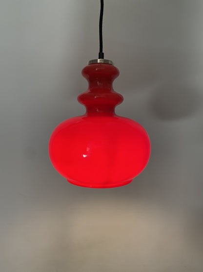 Red Opaline glass pendant light by Glashütte Limburg 1970
