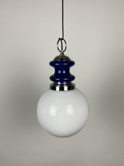 Vintage glass sphere with blue metal pendant from the 1970's