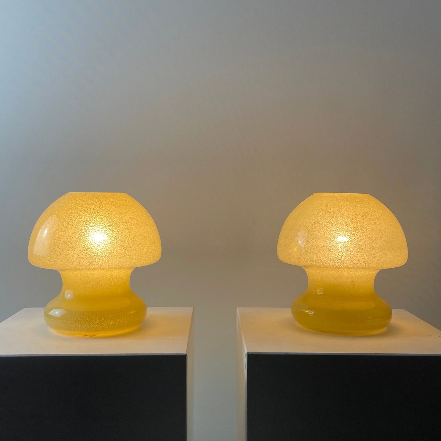 yellow glass mushroom table lamps
Doria Leuchten mushroom lamps
1970s vintage table lamps
mid-century modern lighting
German vintage lighting for sale
