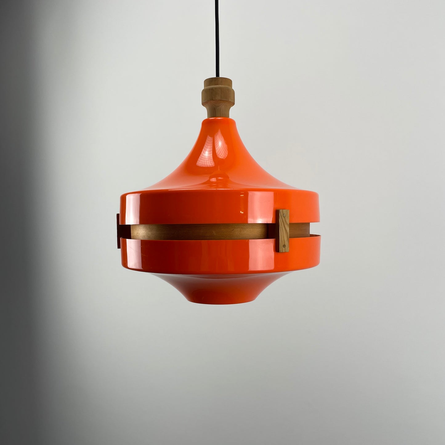 Scandinavian UFO shaped orange plexiglass pendant light 1970