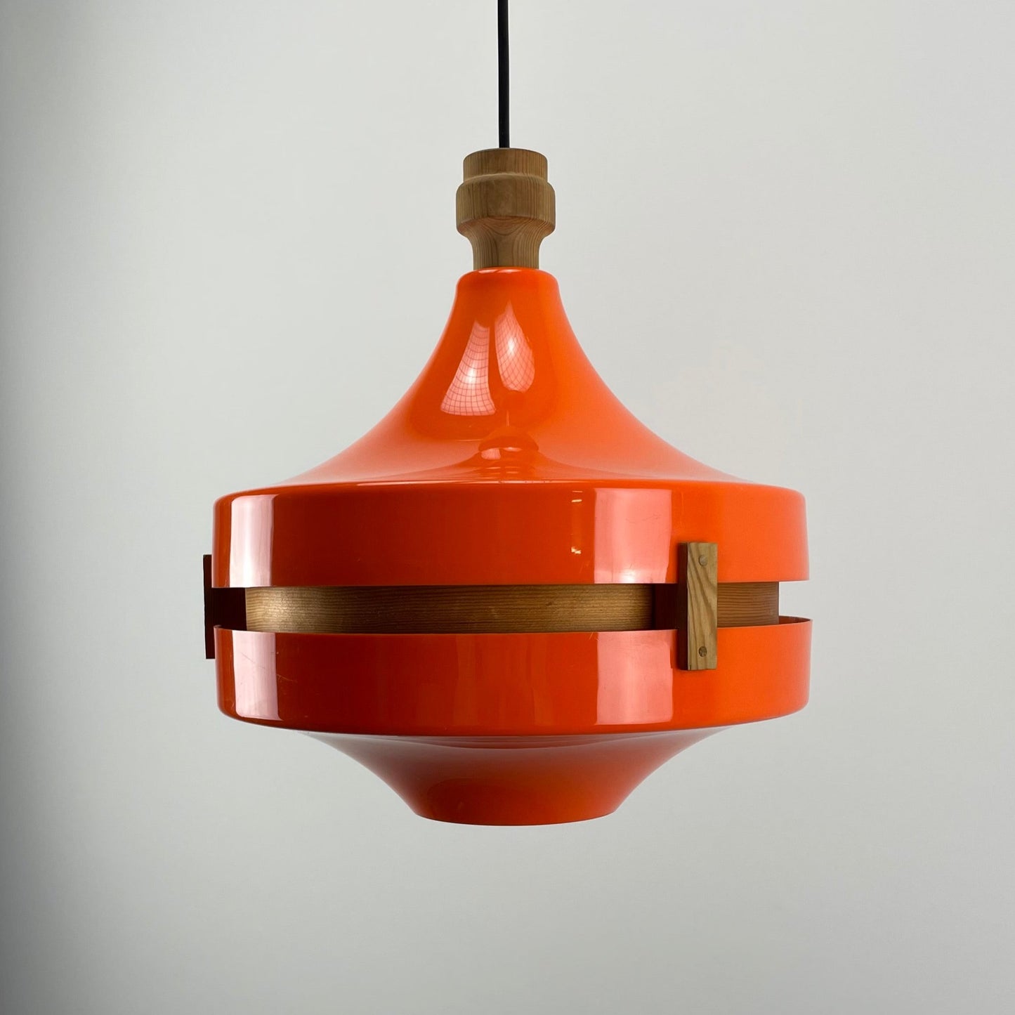 Scandinavian UFO shaped orange plexiglass pendant light 1970